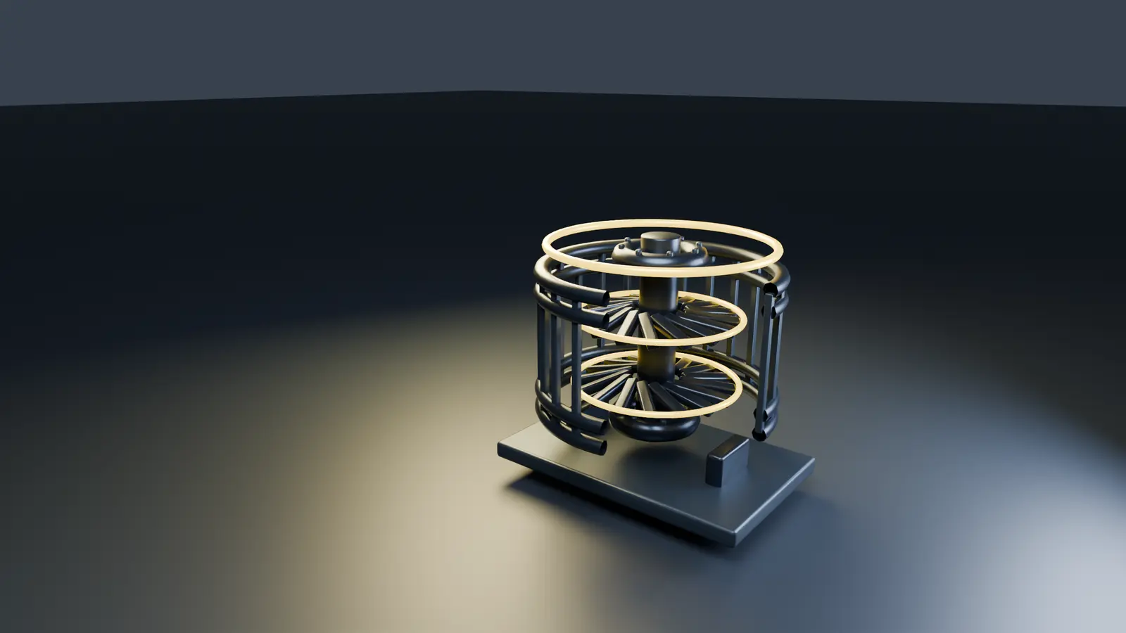 Graphite finish on the sectioned turbine assembly.