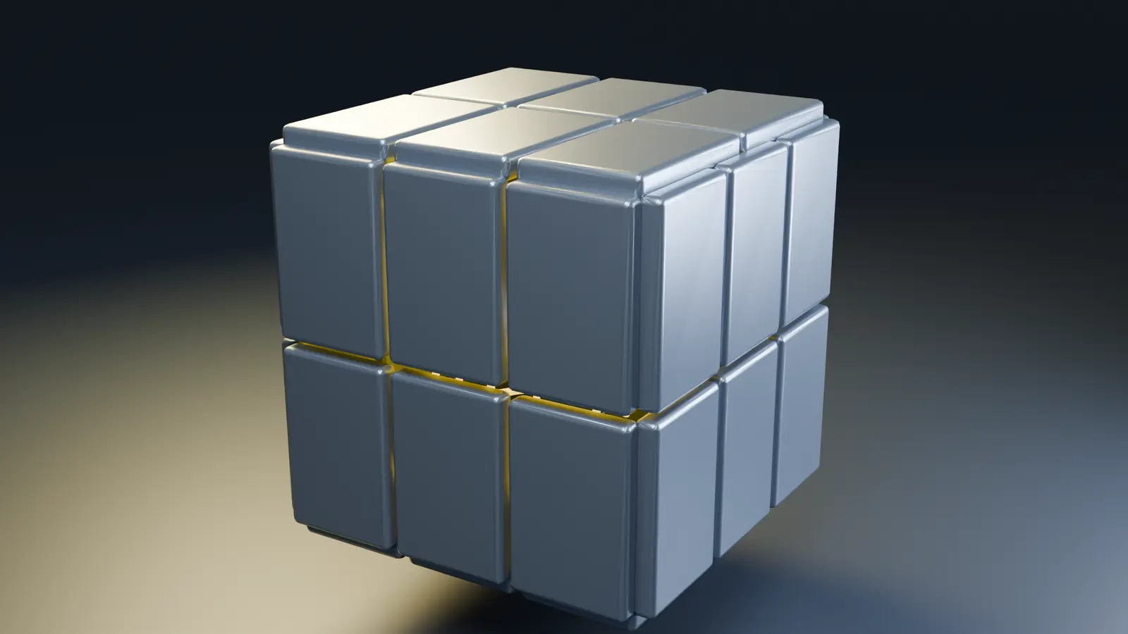 A sealed machined core with dark metal panels and illuminated yellow seams.