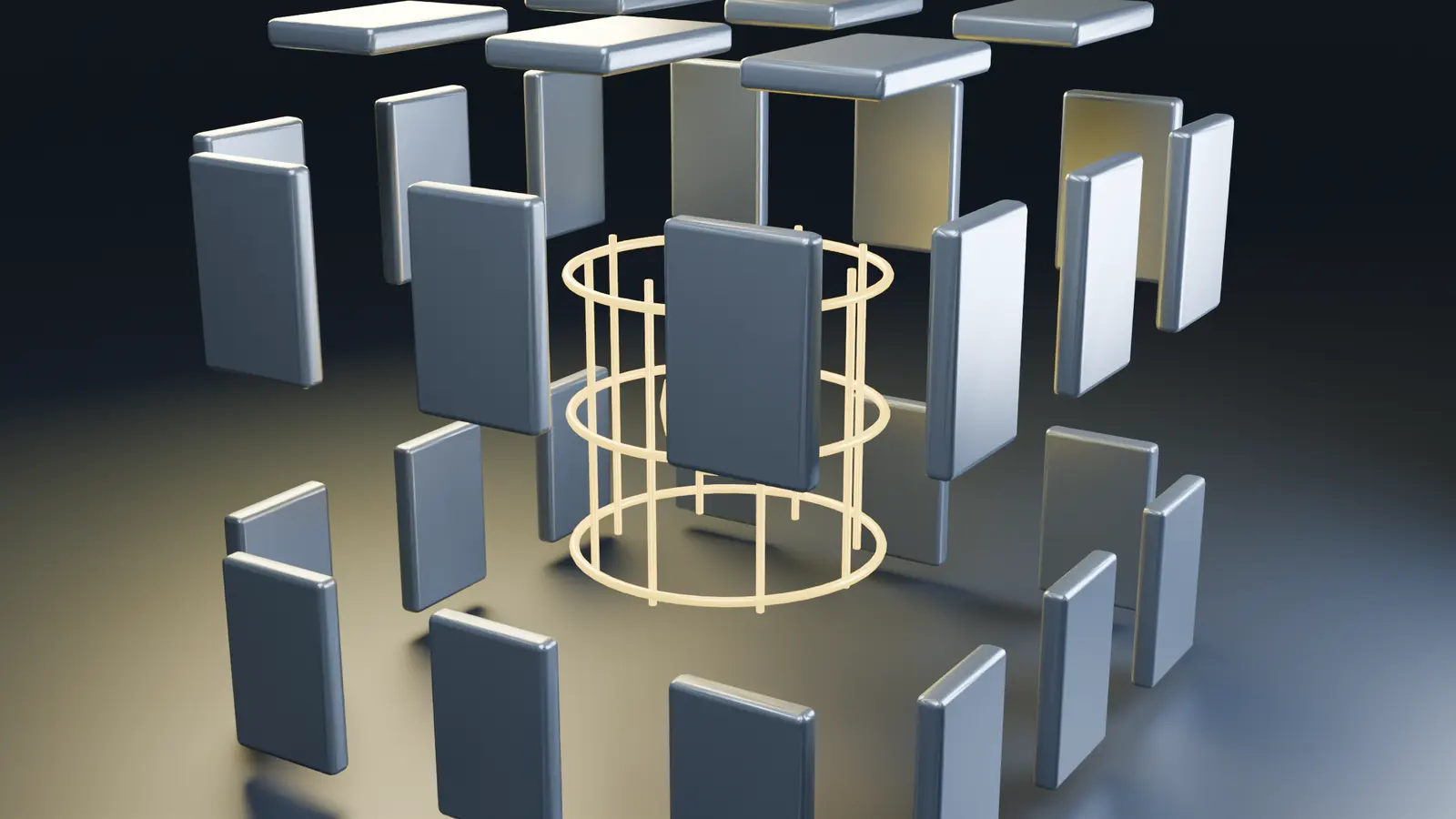 Thirty-six machined panels open around a luminous inner frame.