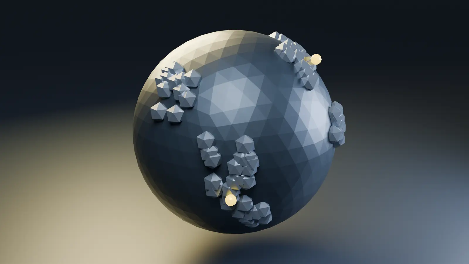 A faceted globe with raised landmasses and illuminated industry markers.